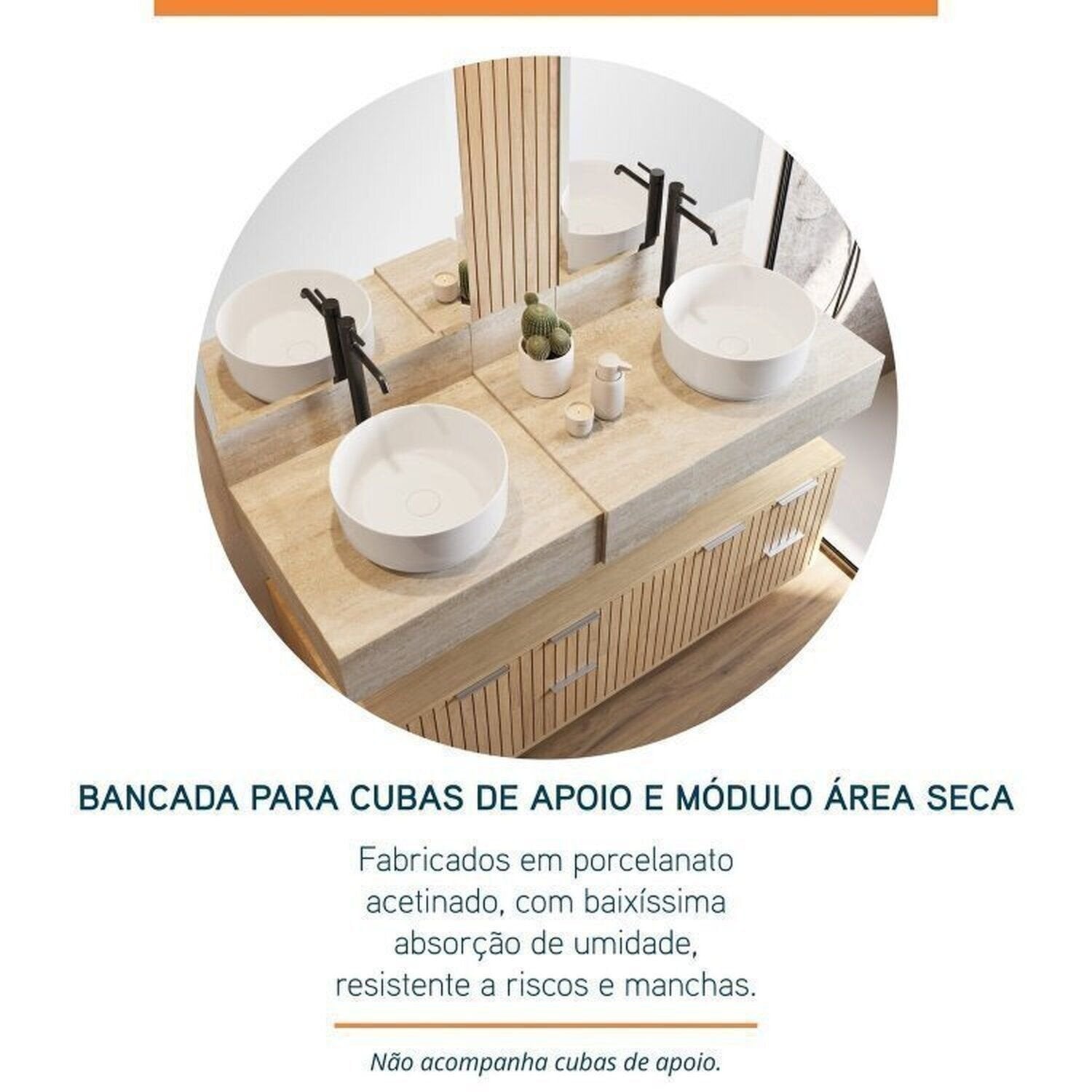 Conjunto para Banheiro Bancada Porcelanato Cuba Apoio Armário Espelho Ripy Bumi 120cm Amarelo/Wood/Travertino