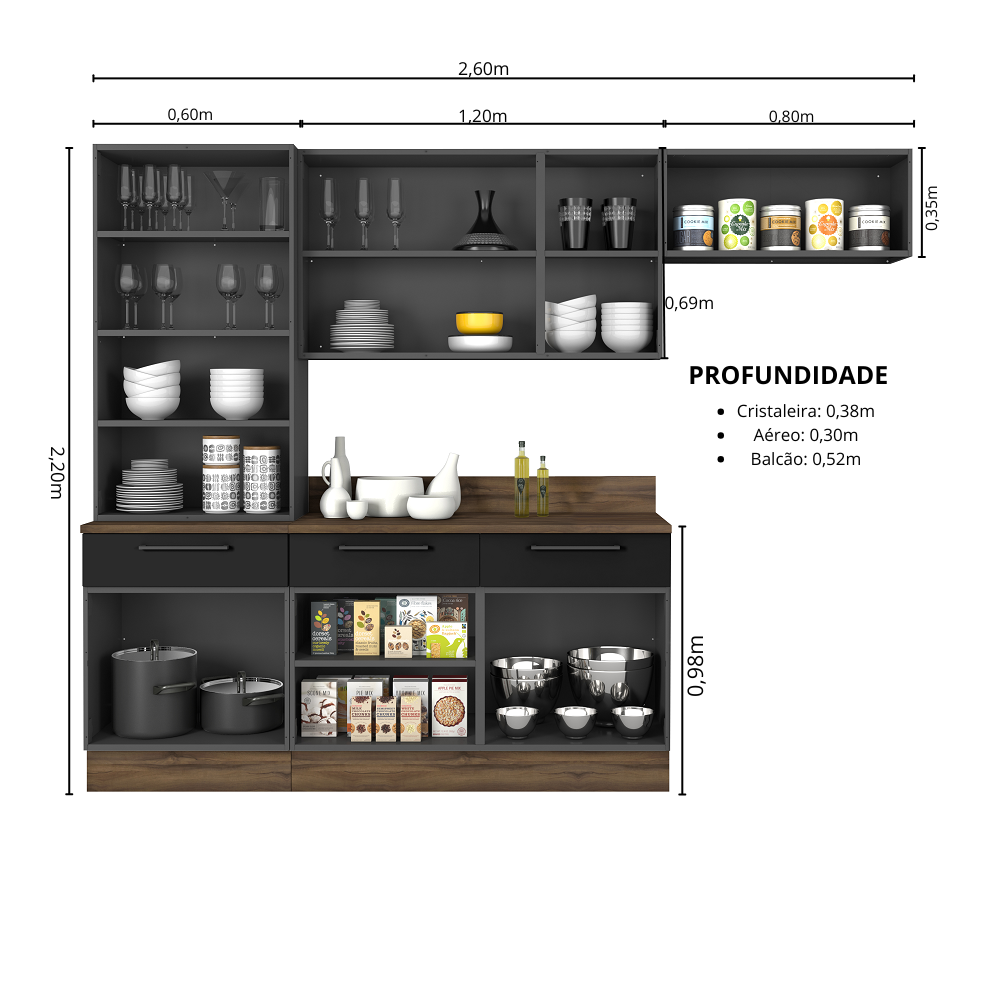 Cozinha Modulada em Aço 5 Peças 8 Portas 3 Gavetas Cristaleira com Rodapé PVC Exclusive Itatiaia Preto/Grafite