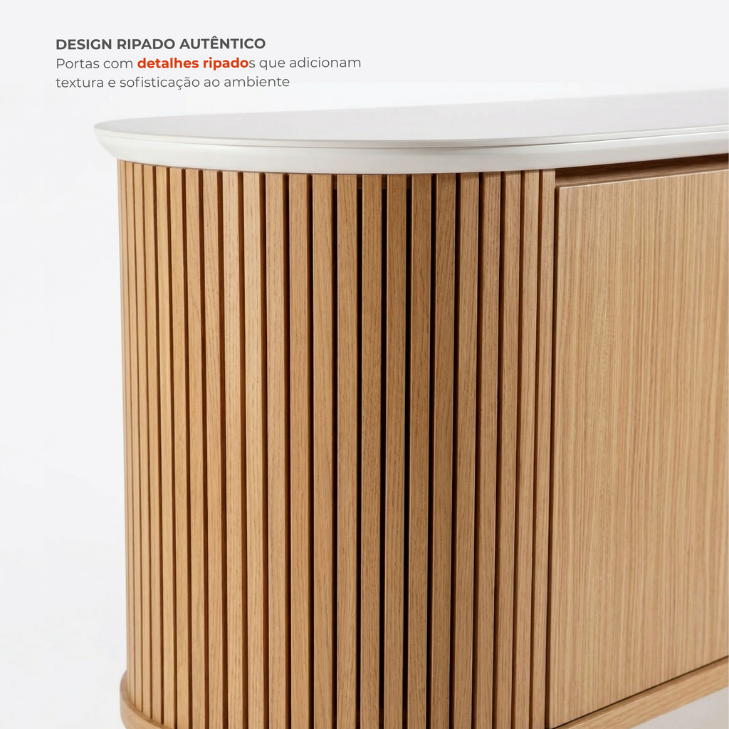 Buffet Aparador 3 Portas Ripado com Vidro e Pés Madeira Maciça 164cm Luna LJ Móveis Castanho Cinamomo/Off White