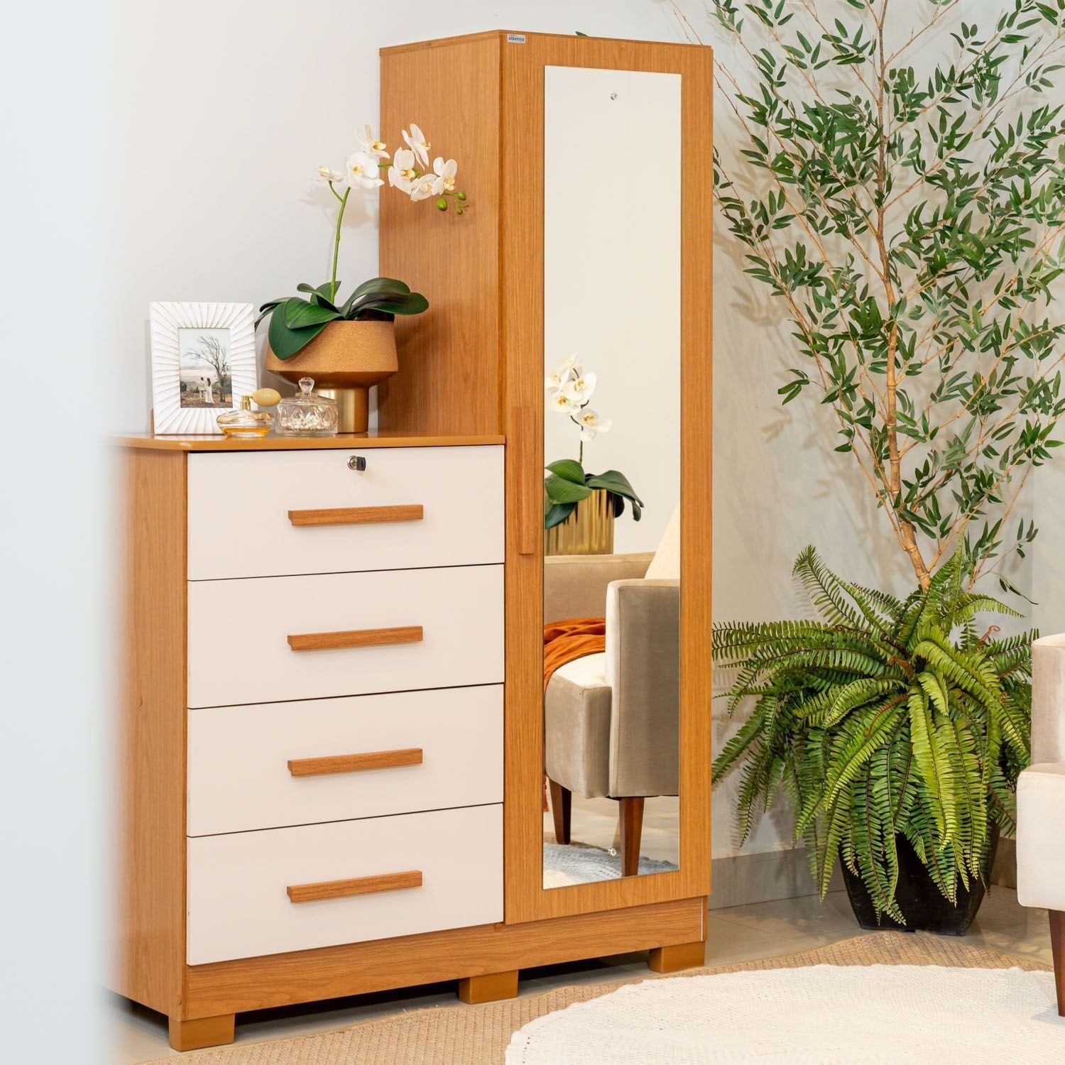 Cômoda Sapateira com Espelho 4 Gavetas 1 Porta Cancun Espresso Móveis Bege/Cinamomo/Off White