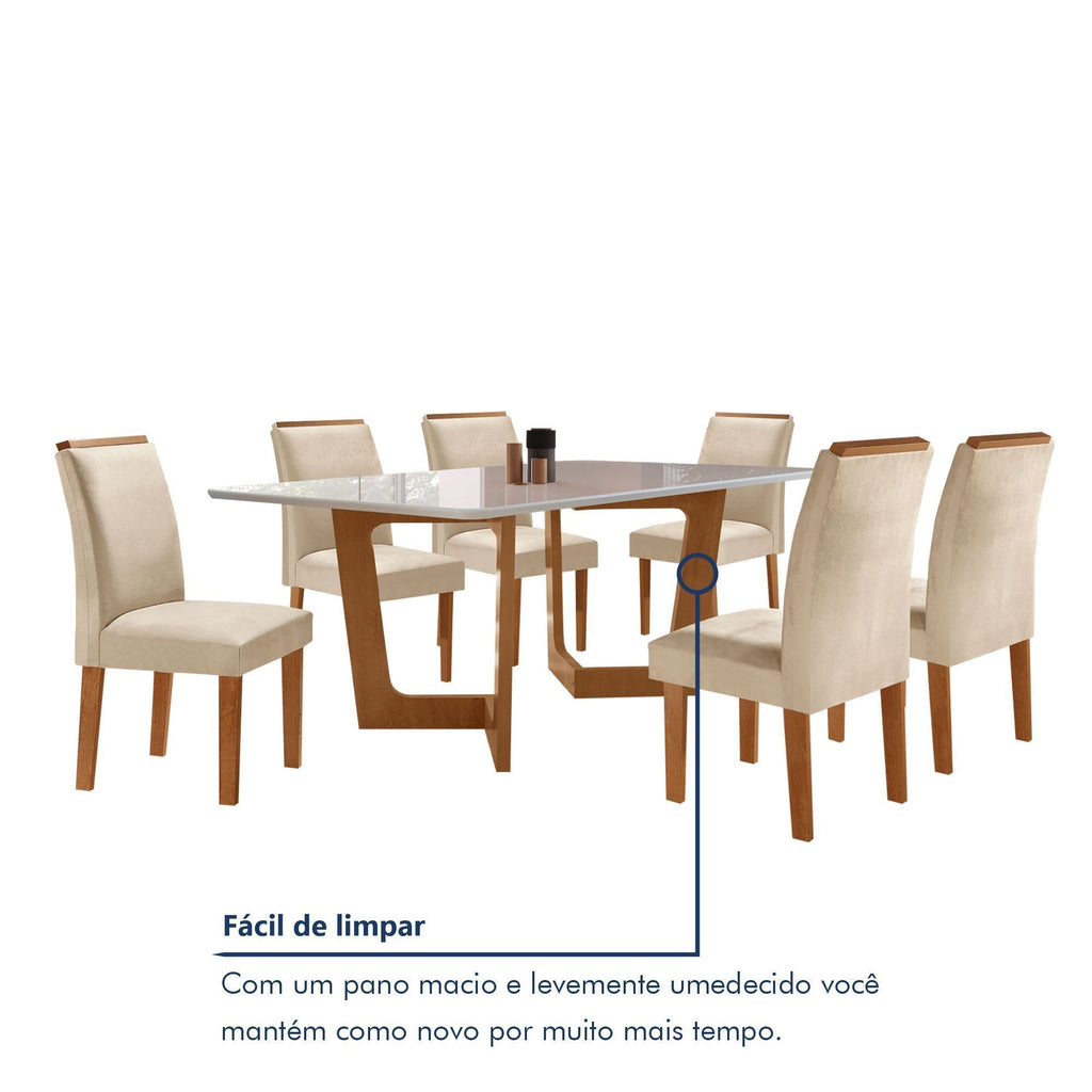Conjunto Sala de Jantar Mesa Redonda Tampo Vidro e MDF com 6 Cadeiras Luísa Smart Plus Cel Móveis