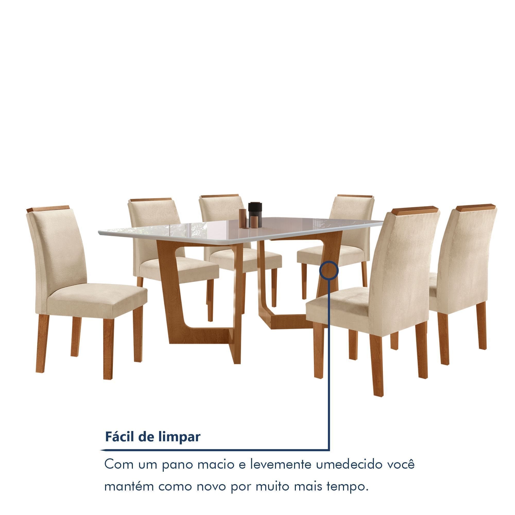 Conjunto Sala de Jantar Mesa Redonda Tampo Vidro e MDF com 6 Cadeiras Luísa Smart Plus Cel Móveis