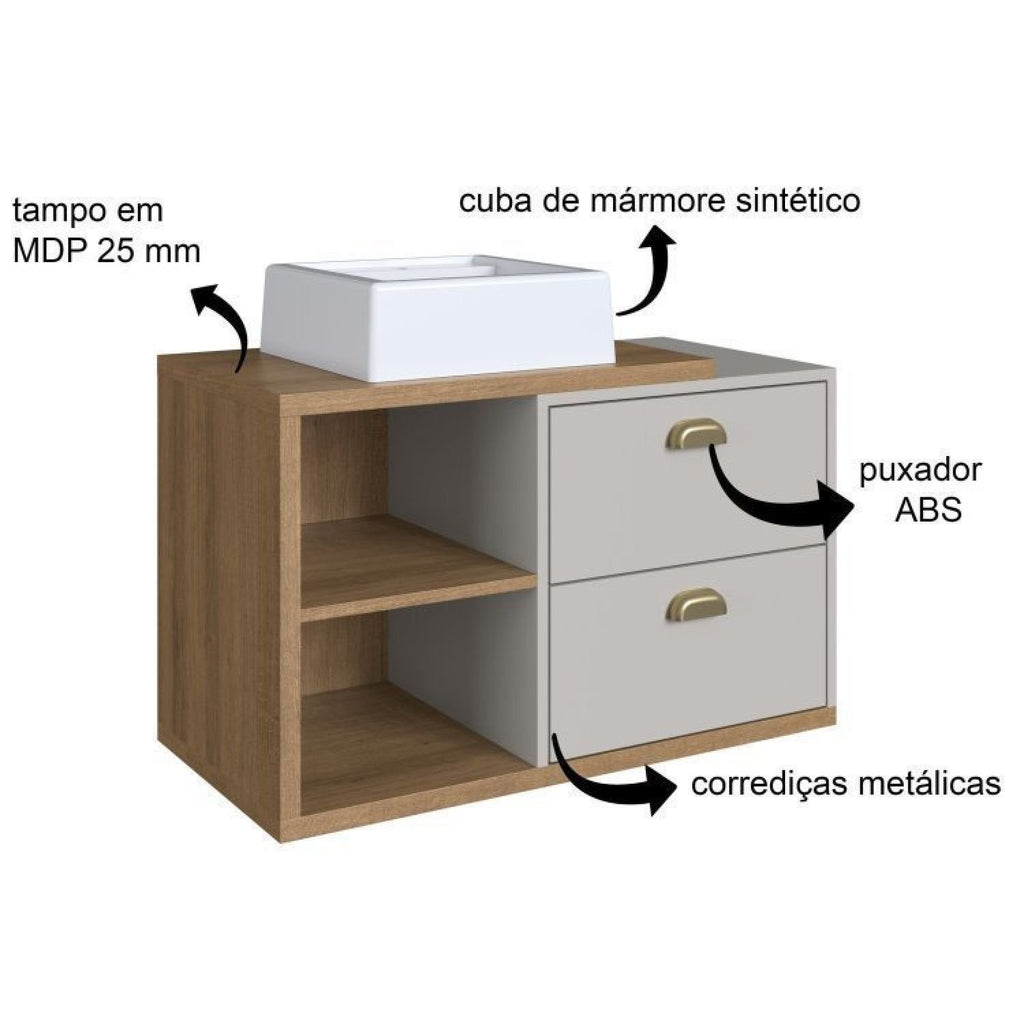 Conjunto para Banheiro Gabinete Suspenso com Cuba e Espelheira Helena FAEMA 80cm Marrom/Mel/Arenas