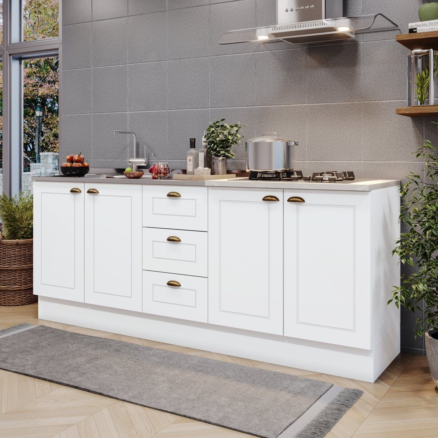 Cozinha Compacta Modulada Emily 4 Portas 3 Gavetas Branco/HP/Calcare Espresso Móveis