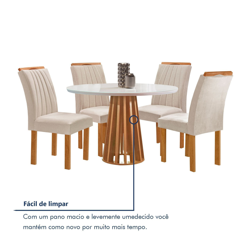 Conjunto Sala de Jantar Mesa Tampo Redondo Vidro Kansas 100cm com 4 Cadeiras Arizona Cel Móveis