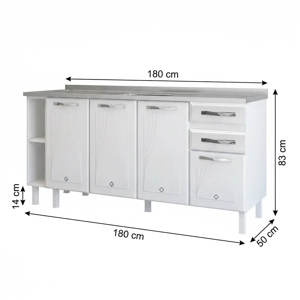 Balcão de Cozinha para Pia em Aço 4 Portas 2 Gavetas com Nichos 180cm Star New Telasul Branco