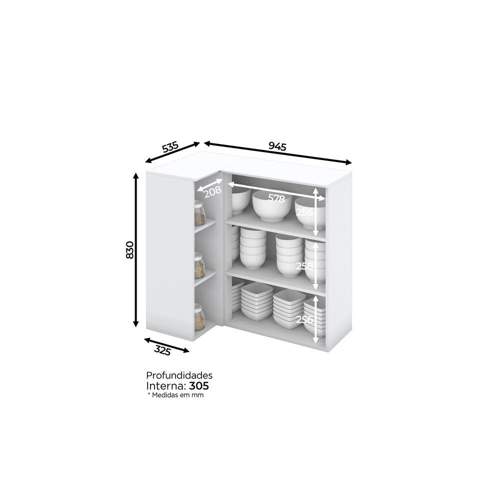 Armário Aéreo Canto Reto 1 Porta 94cm Emily Espresso Móveis Branco/HP
