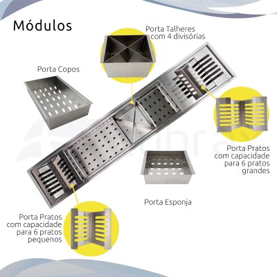 Canal Úmido Organizador Escorredor 90 cm Aço Inox 304 5 Módulos Tubrax UAC0001-N