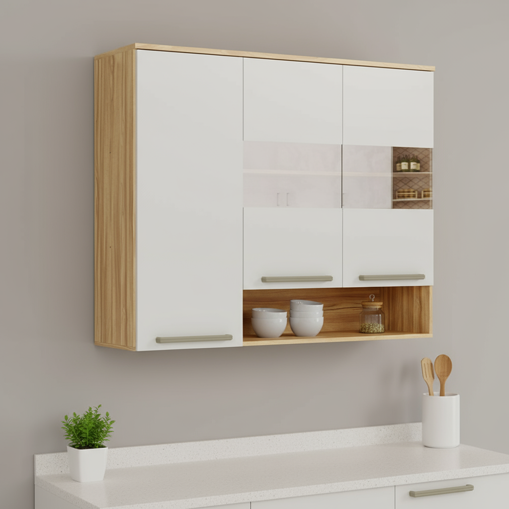 Armário Aéreo de Cozinha 120cm 3 Portas Vidro Reflecta Itália Espresso Móveis Bege/Amêndoa/Off White