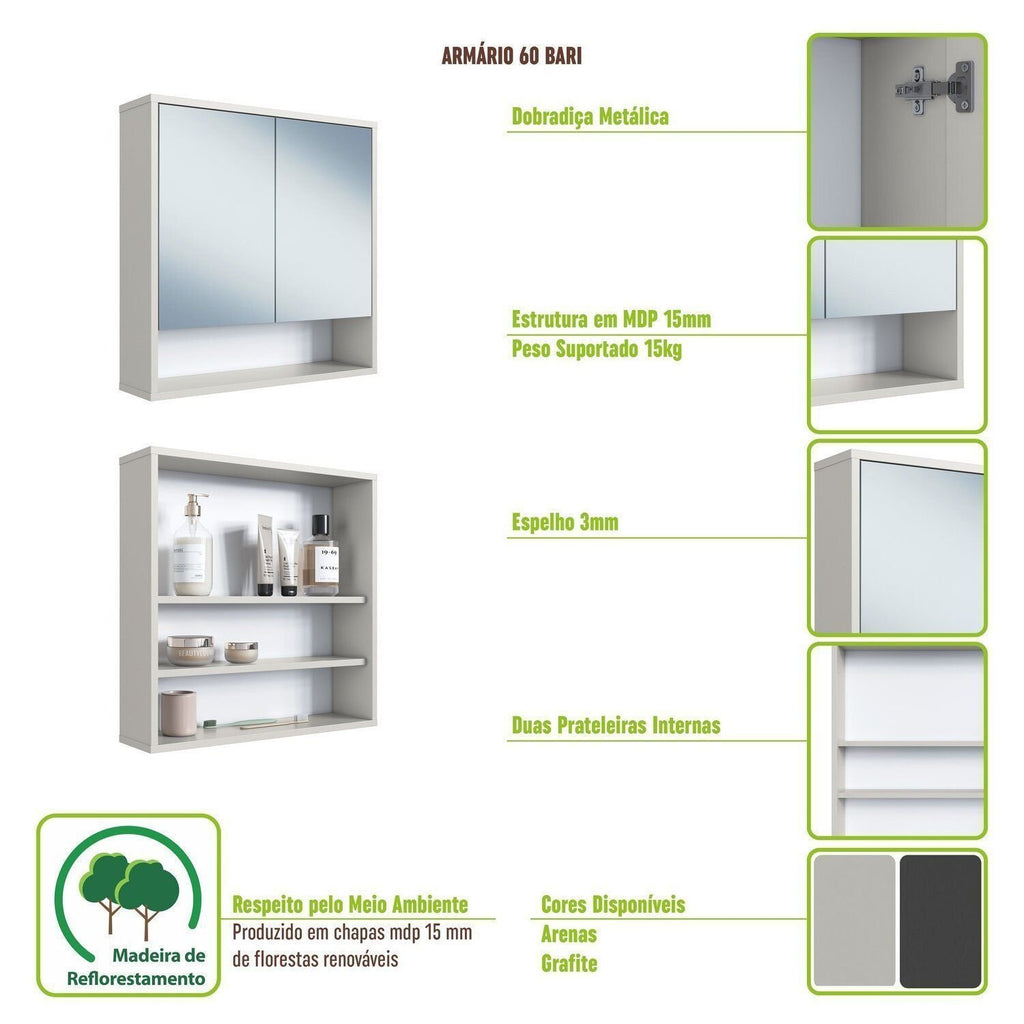 Armário Espelheira para Banheiro Bari Art in Móveis 60cm 2 Portas 1 Nicho Bege/Arenas