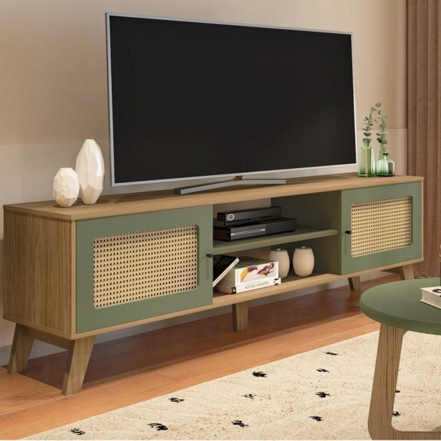Kit 3 Peças Rack para TV até 75 Polegadas Buffet e Mesa de Centro Memphis Verde