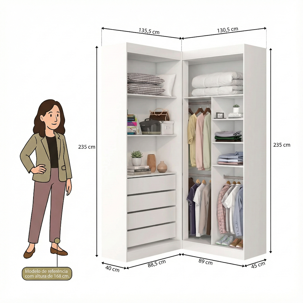 Guarda-Roupa Casal Canto 4 Portas 4 Gavetas Versatille Yescasa MDP Branco