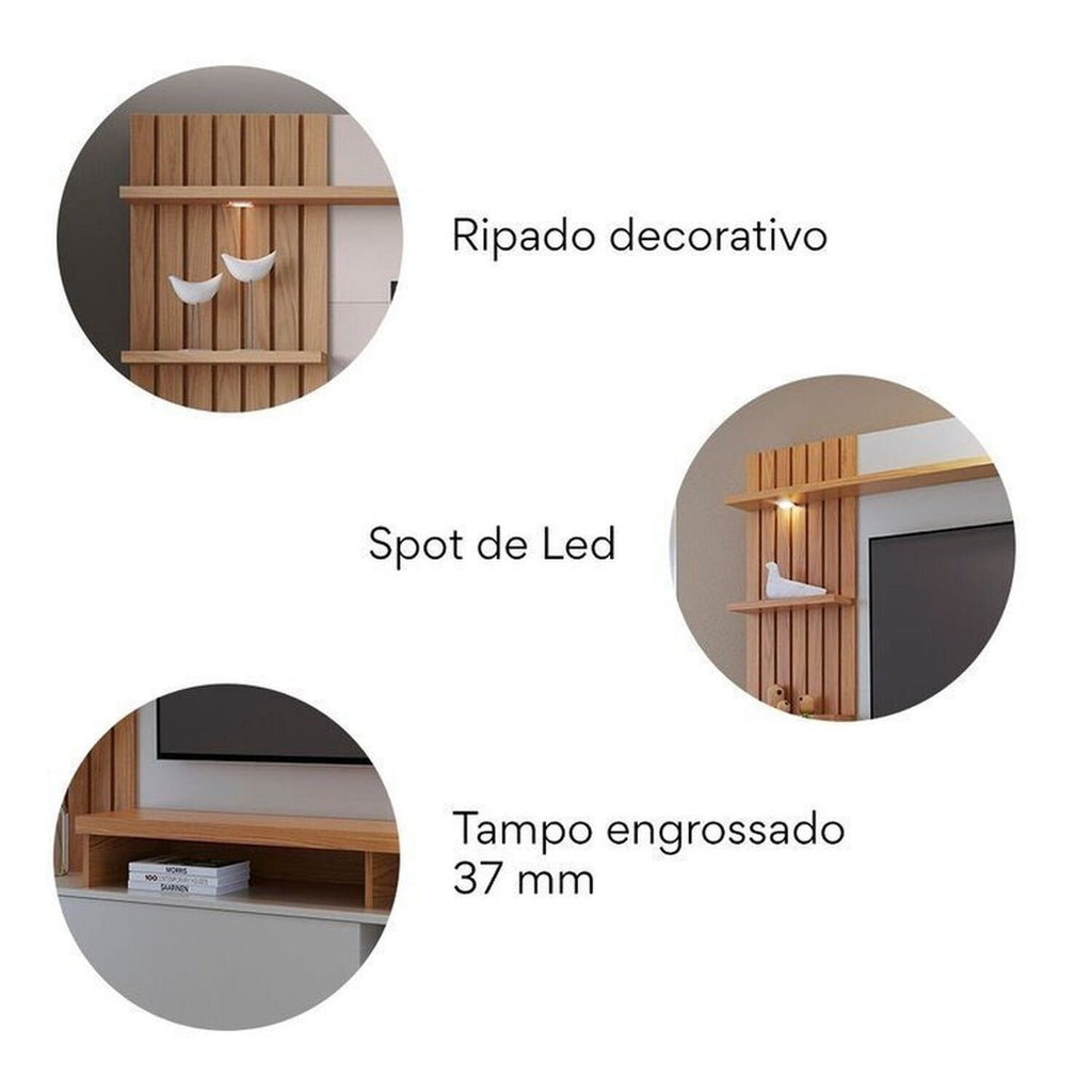 Conjunto Sala de Estar Completa Jurerê Home Maceió para TV Até 65 Polegadas Buffet e Cristaleira 4 Portas Colibri Branco Off White Matte/Freijó