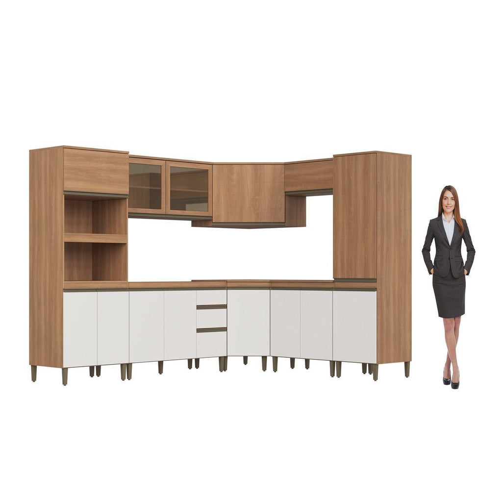 Cozinha Completa Modulada Cecília J Carvalho 8 Peças Torre Quente Paneleiro Canto Oblíquo Vidro Reflecta Marrom/Freijó/Off White