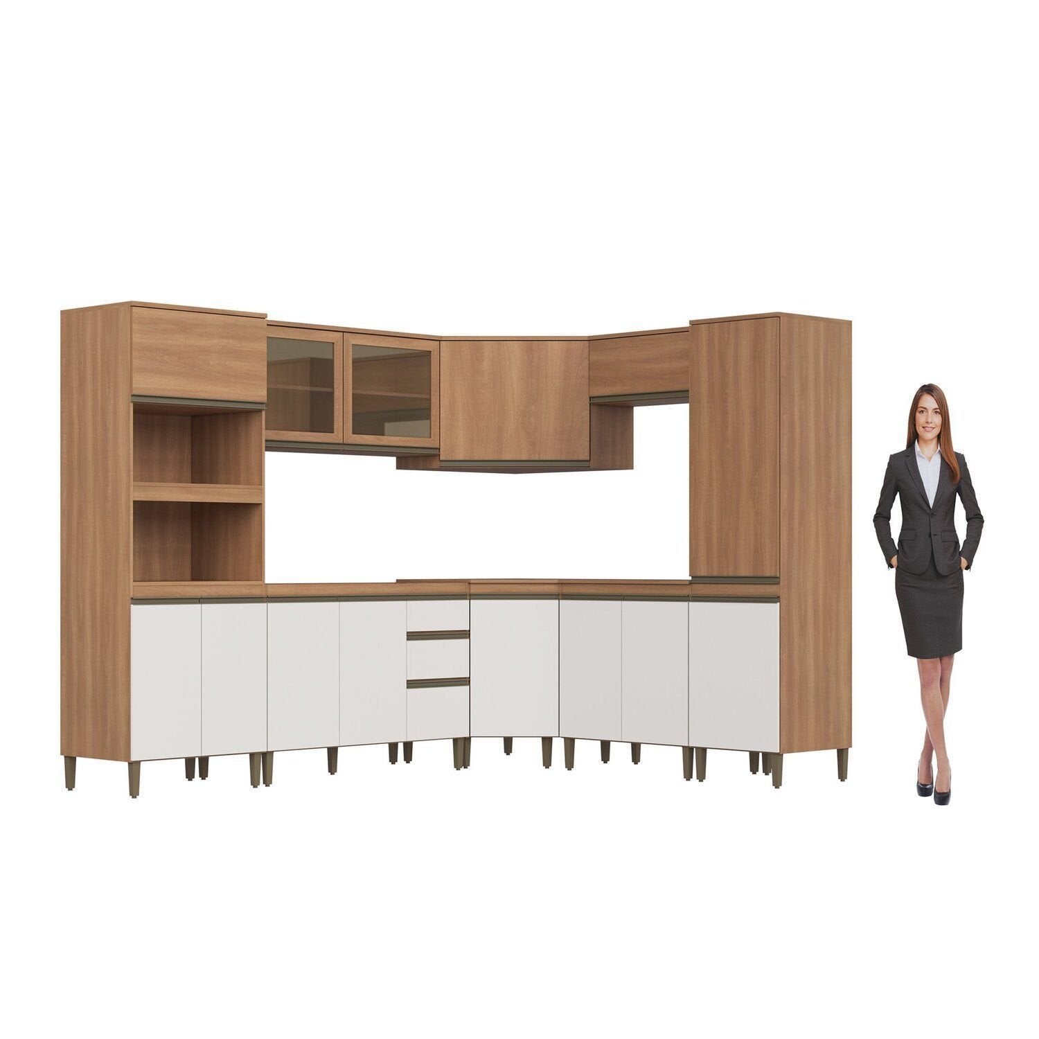 Cozinha Completa Modulada Cecília J Carvalho 8 Peças Torre Quente Paneleiro Canto Oblíquo Vidro Reflecta Marrom/Freijó/Off White