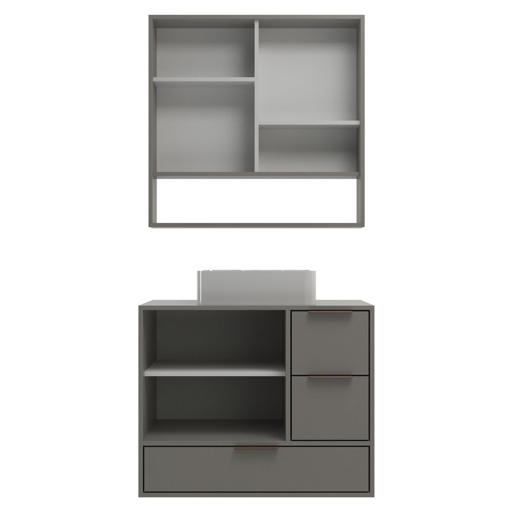 Conjunto para Banheiro Gabinete Suspenso com Cuba e Espelheira Prime 801 Yescasa 80cm Cinza/Cimento