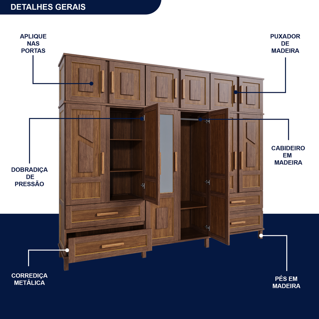 Guarda-Roupa Casal 12 Portas 4 Gavetas Rio Branco Premium Yescasa 100% Pinus/HDF Marrom/Ypê