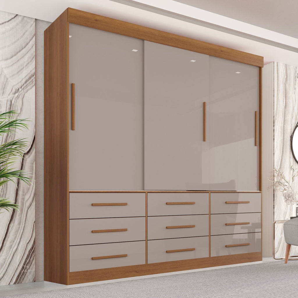 Guarda-Roupa Casal 3 Portas 9 Gavetas Luana Sallêto Móveis MDF/MDP Off White/Cinamomo