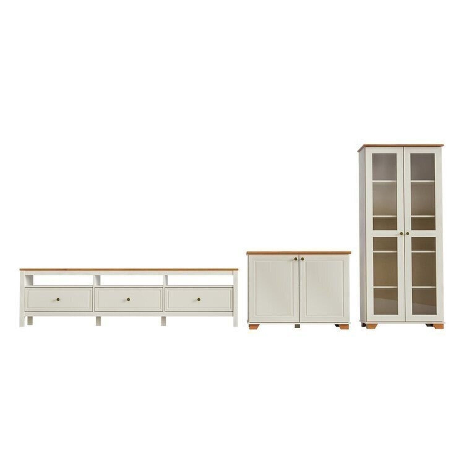 Conjunto Sala de Estar 3 Peças Rack, Cristaleira e Armário Madeira Maciça Ananda CabeCasa Off White/Mel