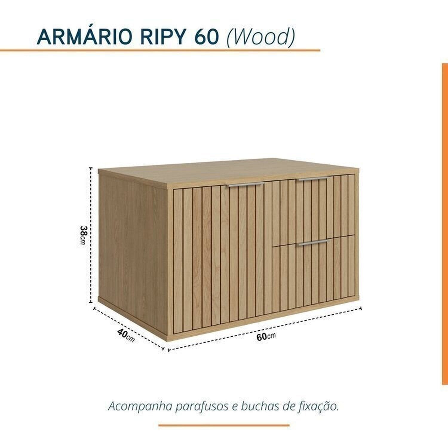 Conjunto para Banheiro Bancada em Porcelanato com Cuba Esculpida, Armário e Espelheira Ripy Bumi 60cm Amarelo/Wood