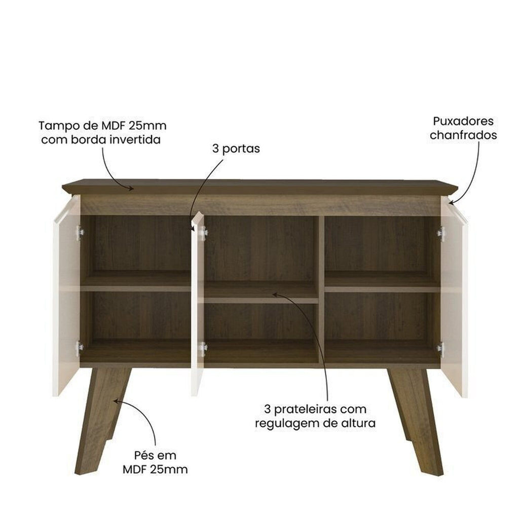 Conjunto 3 Peças Sala de Estar Mesa de Centro Lucca Buffet Oásis Rack Lumina Pinho/Off White Artely