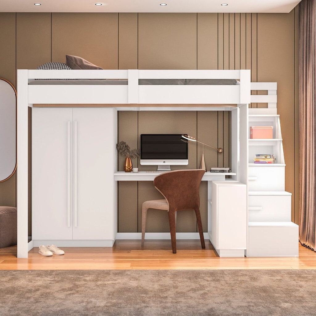 Cama Alta Beliche Office Adulto com Roupeiro e Escrivaninha Moon Yescasa Branco