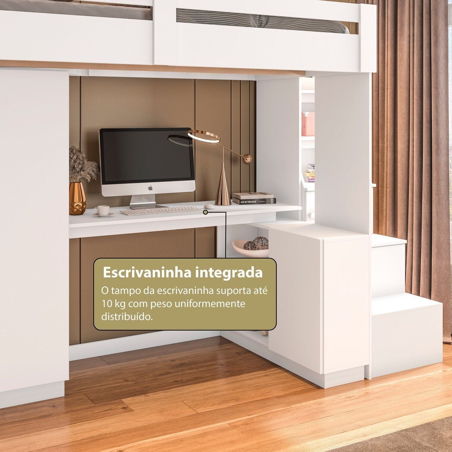 Cama Alta Beliche Office Adulto com Roupeiro e Escrivaninha Moon Yescasa Branco