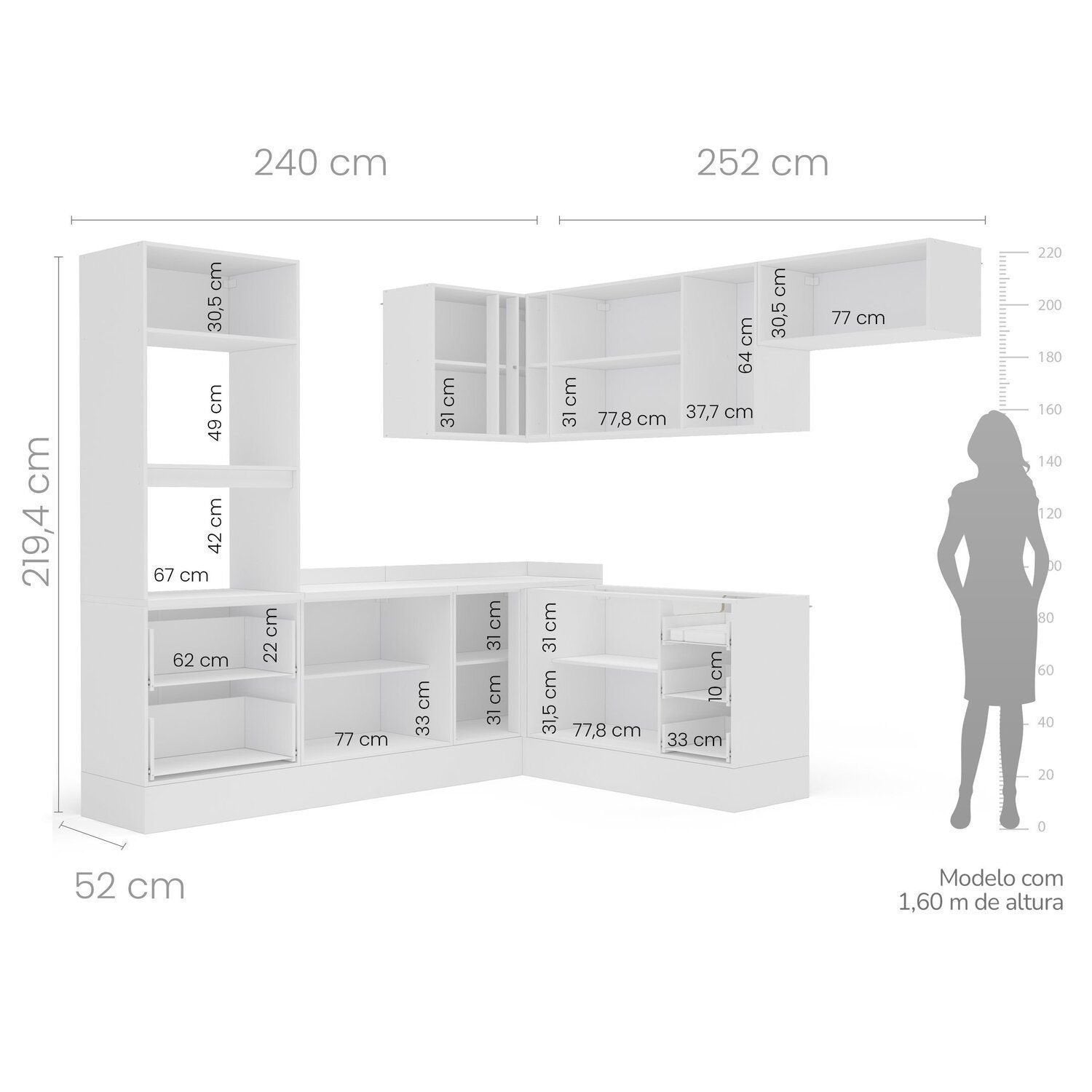 Cozinha Completa Modulada 8 Peças com Rodapé Pérola Yescasa Cinza/Branco