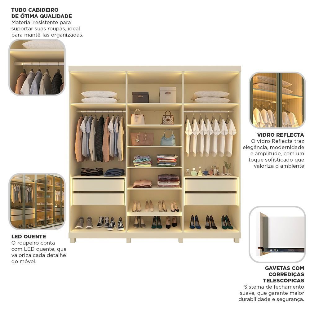 Guarda-Roupa Casal 6 Portas Reflecta 4 Gavetas Imperatriz Yescasa 100% MDF Off White