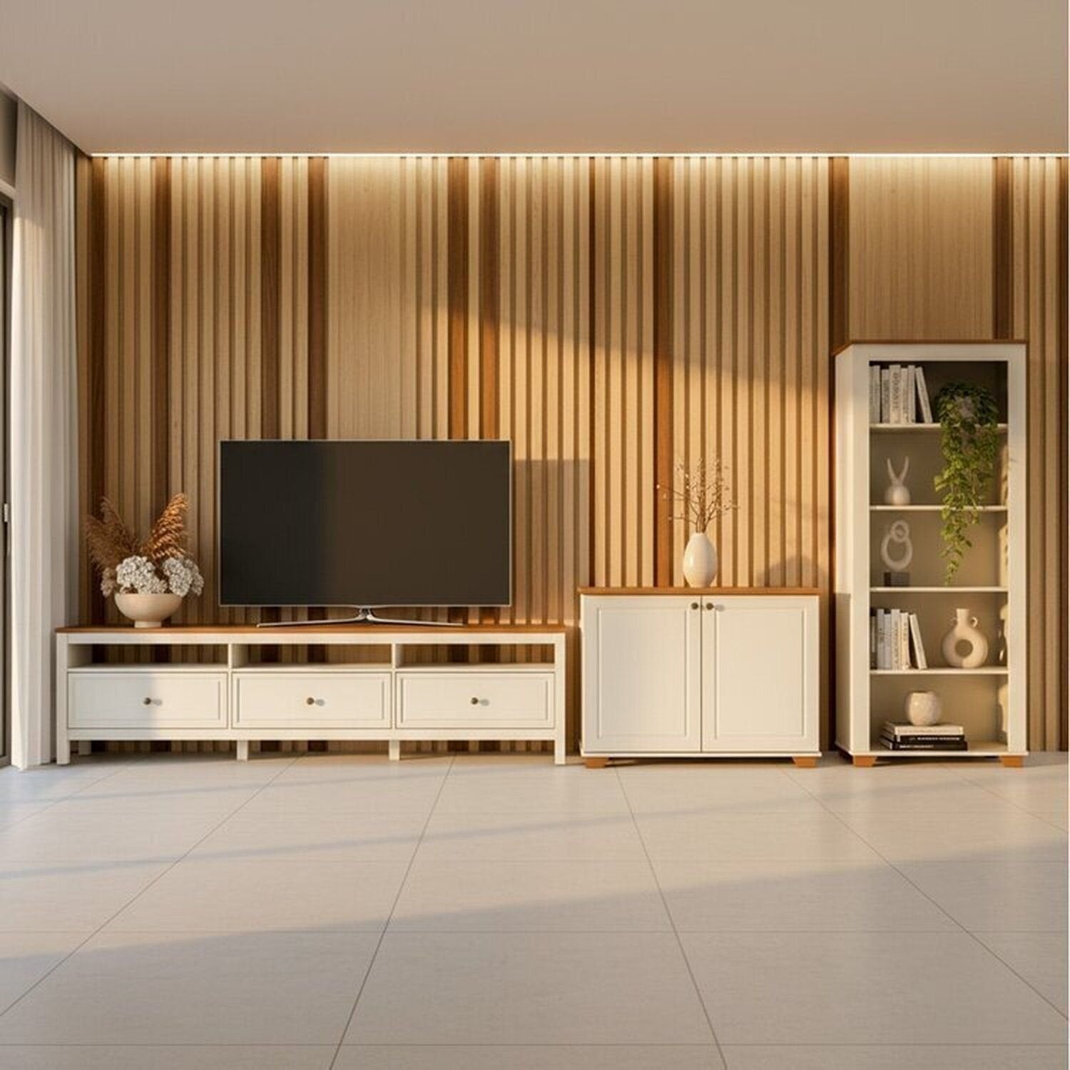 Conjunto Sala Ananda Rack, Estante e Armário Madeira Maciça Off White/Mel CabeCasa MadeiraMadeira