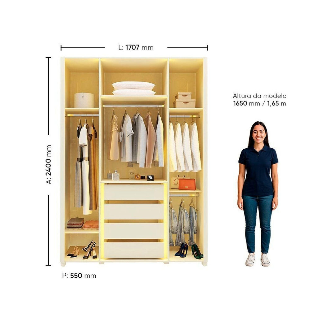 Guarda-Roupa Solteiro 4 Portas Reflecta com Pés e LED 100% MDF Innova Gelius Móveis Bege/Off White