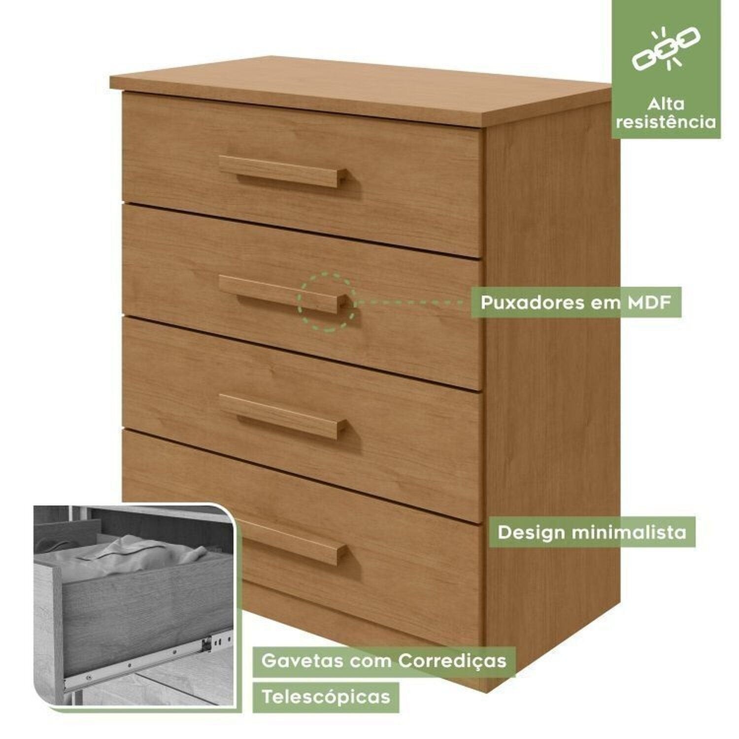 Kit Quarto Infantil 4 Peças com Beliche Olga Cômoda e Mesa de Cabeceira Baião Marrom Amêndoa Clean Móveis Lopas