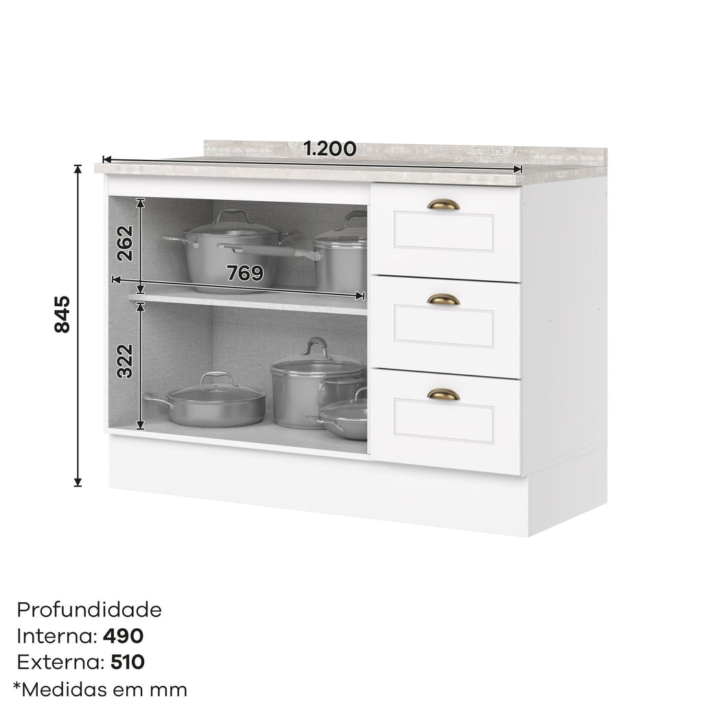 Balcão para Cozinha 3 Gavetas 2 Portas com Tampo Emily Espresso Móveis Branco/HP/Calcare