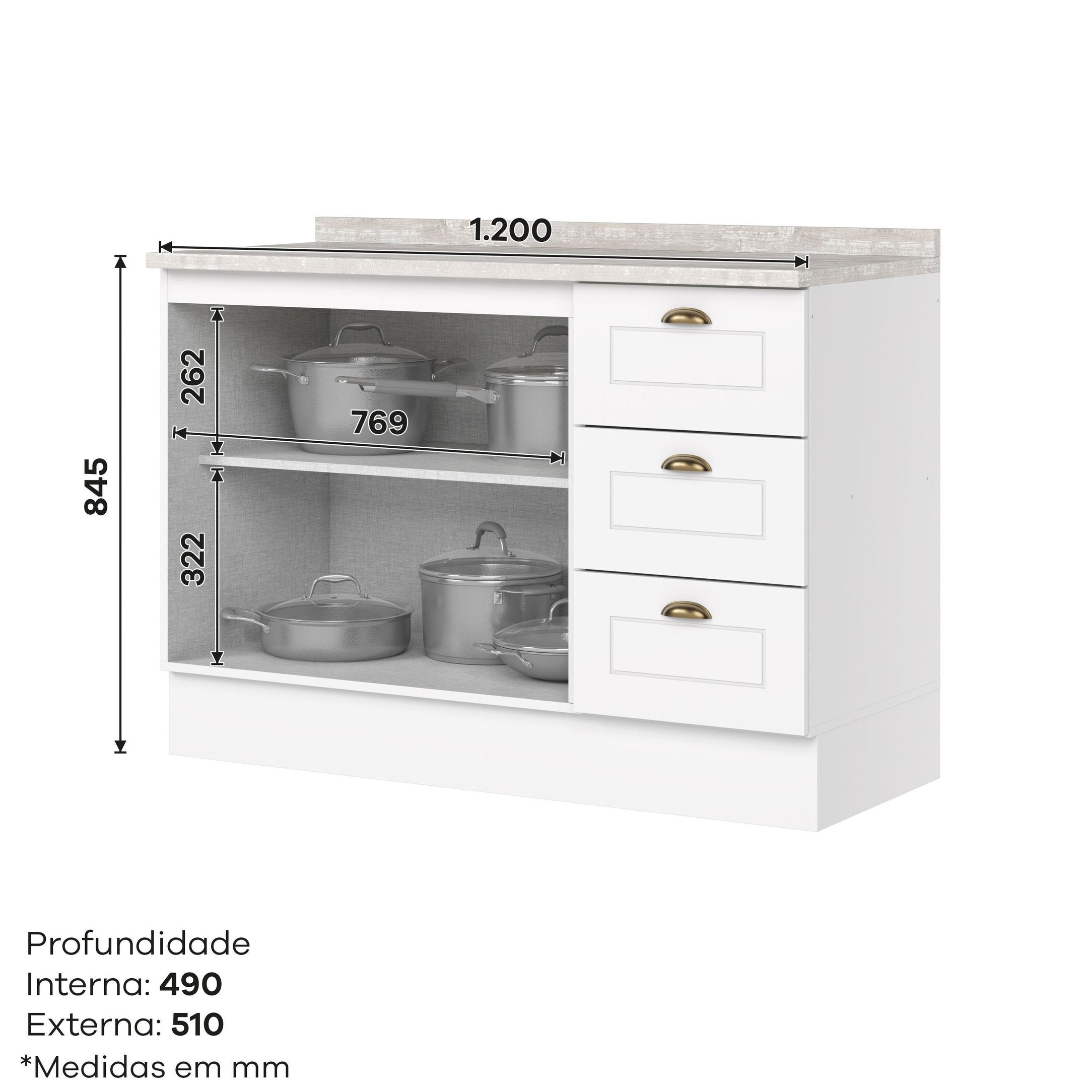 Balcão para Cozinha 3 Gavetas 2 Portas com Tampo Emily Espresso Móveis Branco/HP/Calcare