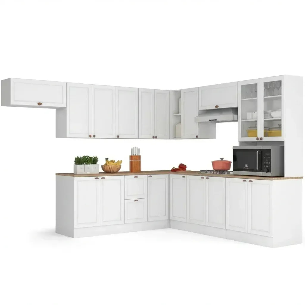Cozinha Completa Modulada Americana 10 Peças Unna com Paneleiro Torre Quente, Nichos e Balcão com Tampo Yescasa Branco