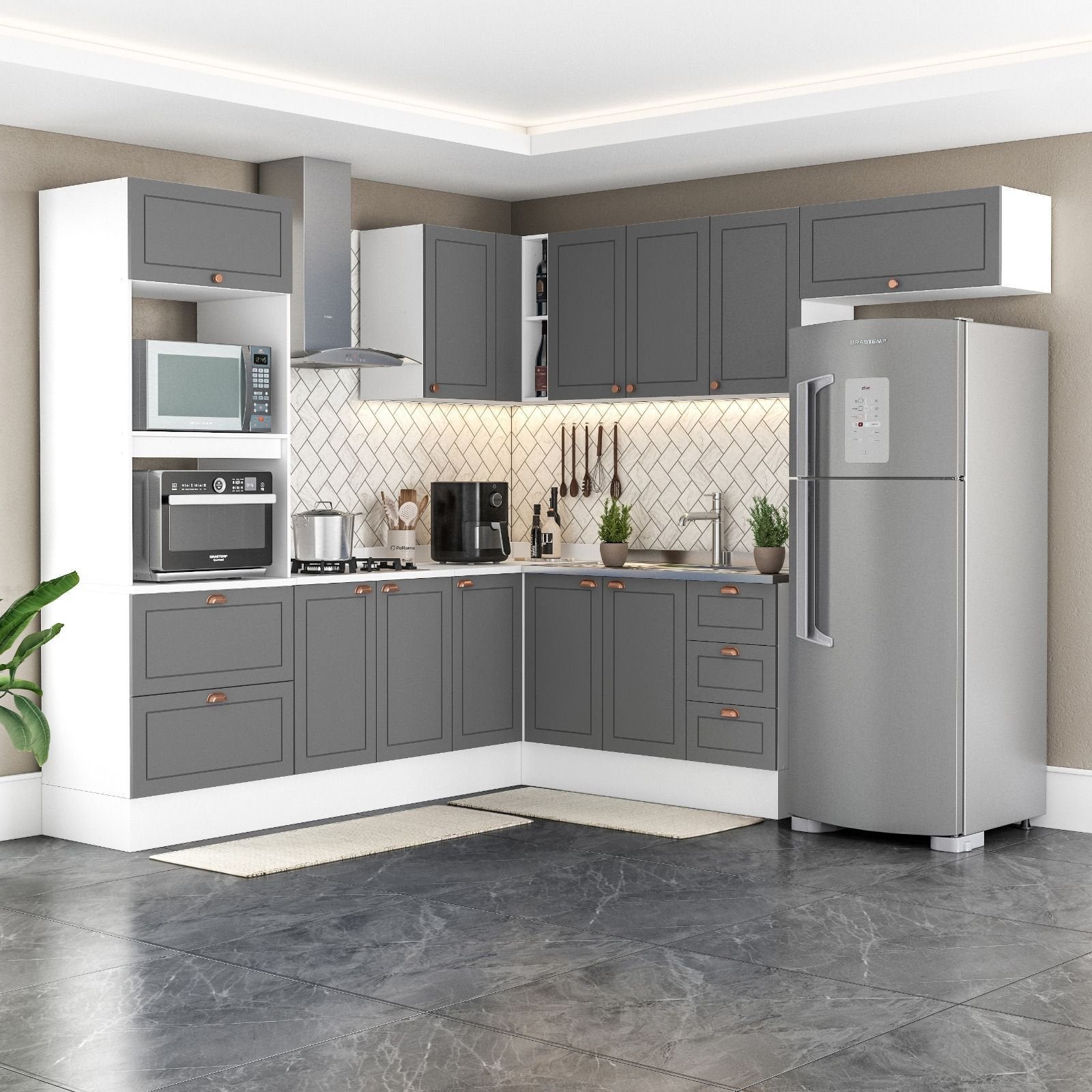 Cozinha Completa Modulada 8 Peças com Rodapé Pérola Yescasa Cinza/Branco