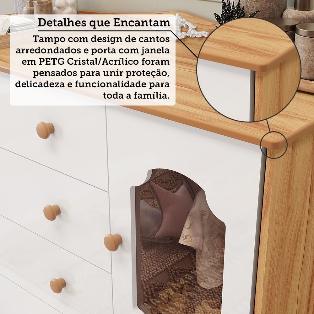 Cômoda de Bebê 120,3cm 1 Porta com Janela e 4 Gavetas Maya Provençal Yescasa Branco/Brilho/Amêndoa