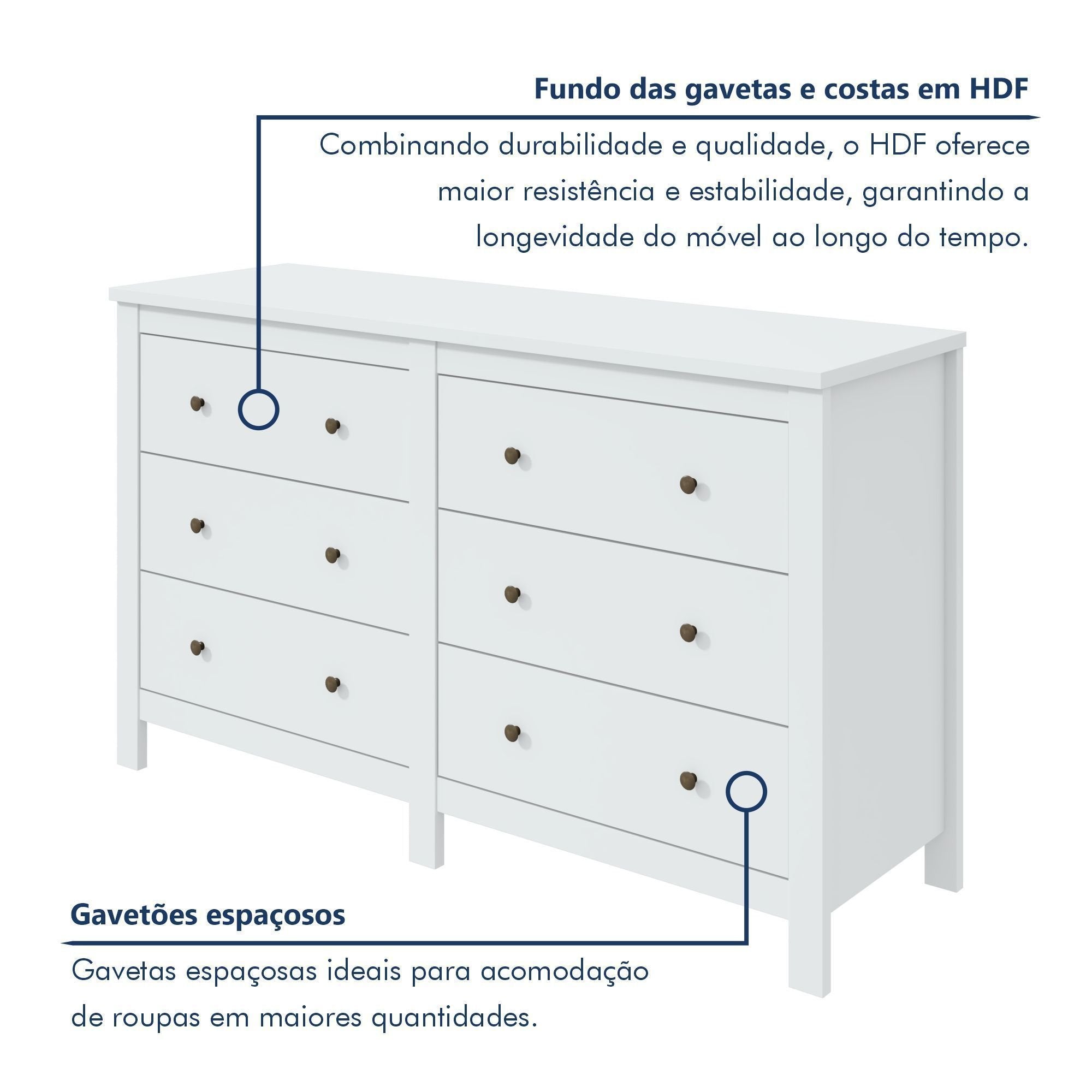 Cômoda para Quarto 6 Gavetas Estilo Clássico MDF Maggiore New 162cm Espresso Móveis Branco