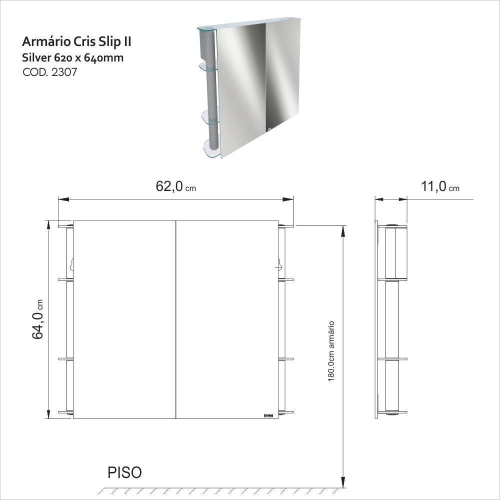 Espelheira para Banheiro Slip II Silver Cris Metal 2 Portas 62cm Prata