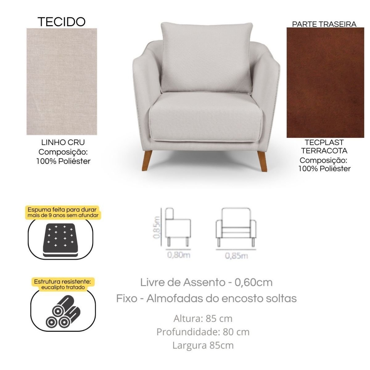 Conjunto Sofá Living Hórus e Duas Poltronas Tecido Composê Linho Cru e Marrom Terracota 2,00m