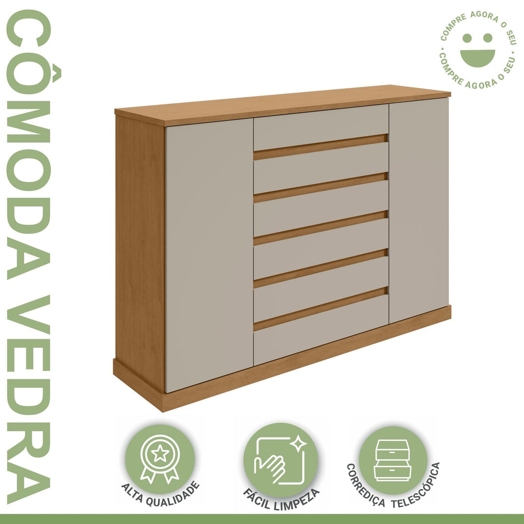 Cômoda 2 Portas 7 Gavetas com Chave e Prateleiras Vedra Móveis Lopas Amêndoa Clean/Off White