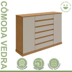 Cômoda 2 Portas 7 Gavetas com Chave e Prateleiras Vedra Móveis Lopas Amêndoa Clean/Off White
