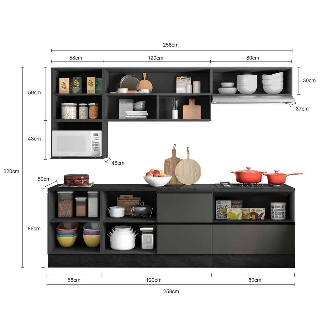 Cozinha Modulada Completa 7 Peças 7 Portas 4 Gavetas com Nicho para Micro-Ondas e Balcão com Tampo Etna Poliman Móveis Grafite Cinza
