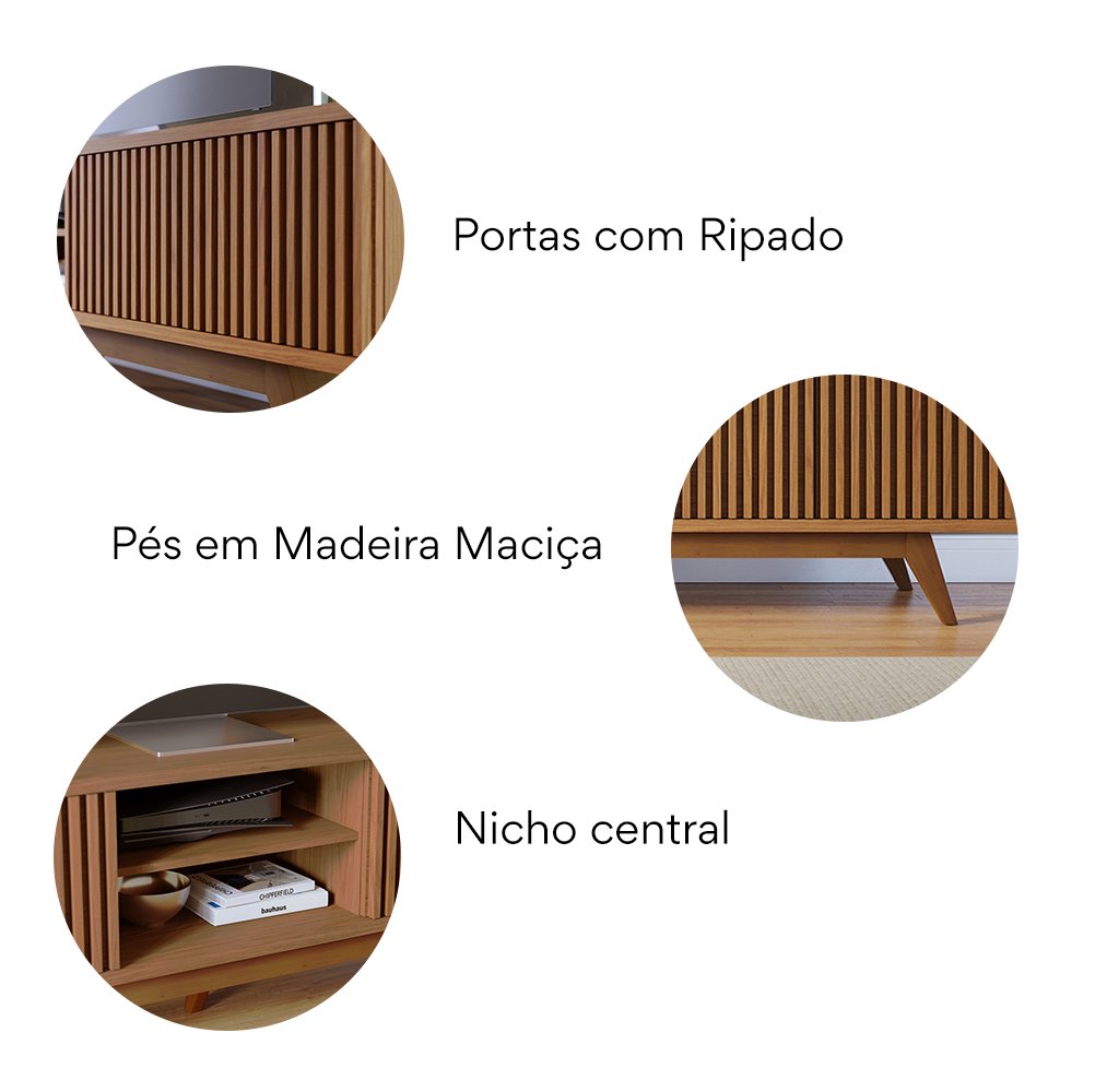 Rack Ripado para TV até 75 Polegadas 220cm Pés em Madeira Maciça e 4 Portas Fortaleza Colibri
