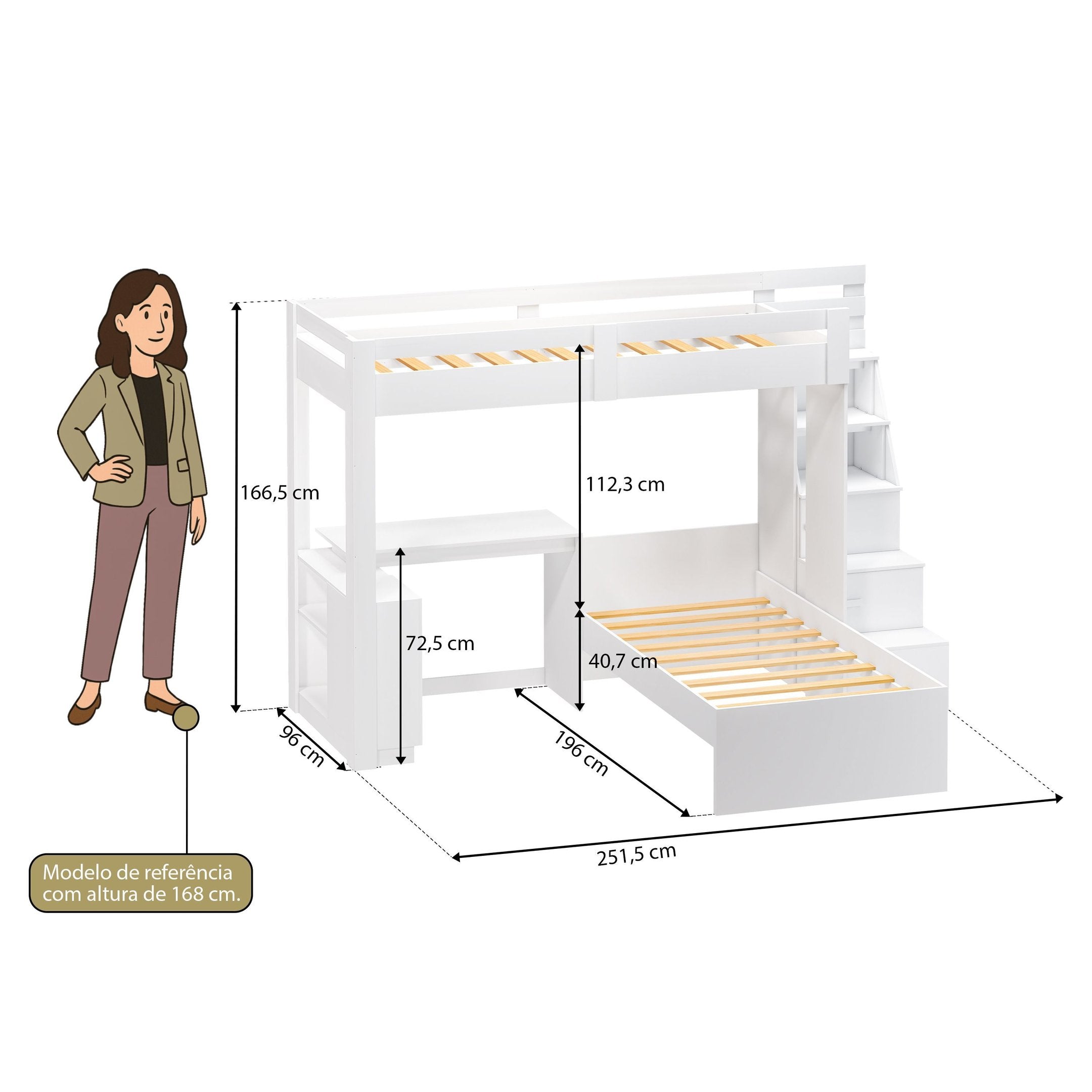 Beliche Office Adulto Moon com Escrivaninha em L Nichos e Escada 2 Portas e 2 Gavetas Yescasa Branco