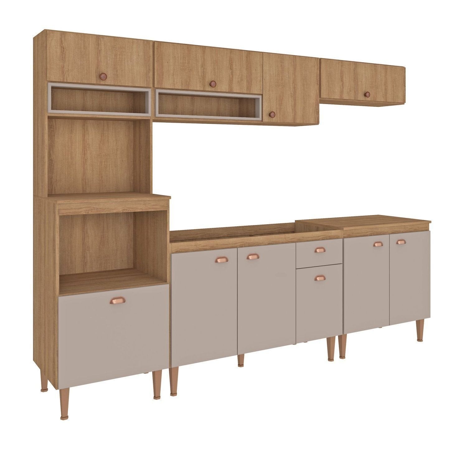 Cozinha Completa Modulada Marti Yescasa 5 Peças Torre Quente Balcão Pia Aéreo Mel/Fendi Cinza