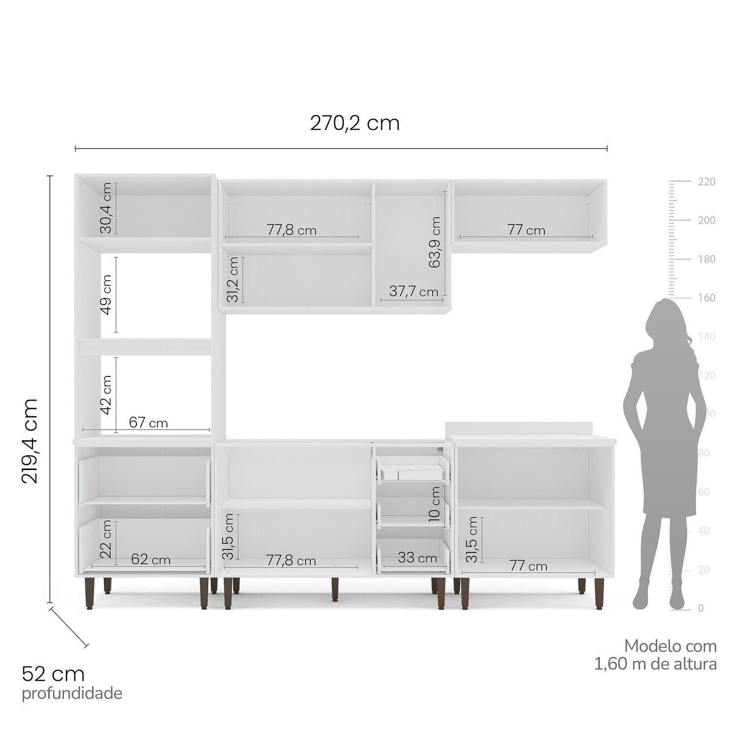 Cozinha Completa Modulada Pérola Yescasa 5 Peças Torre Quente Aéreo 3 Portas Balcão 120 Balcão 80 Basculante Branco