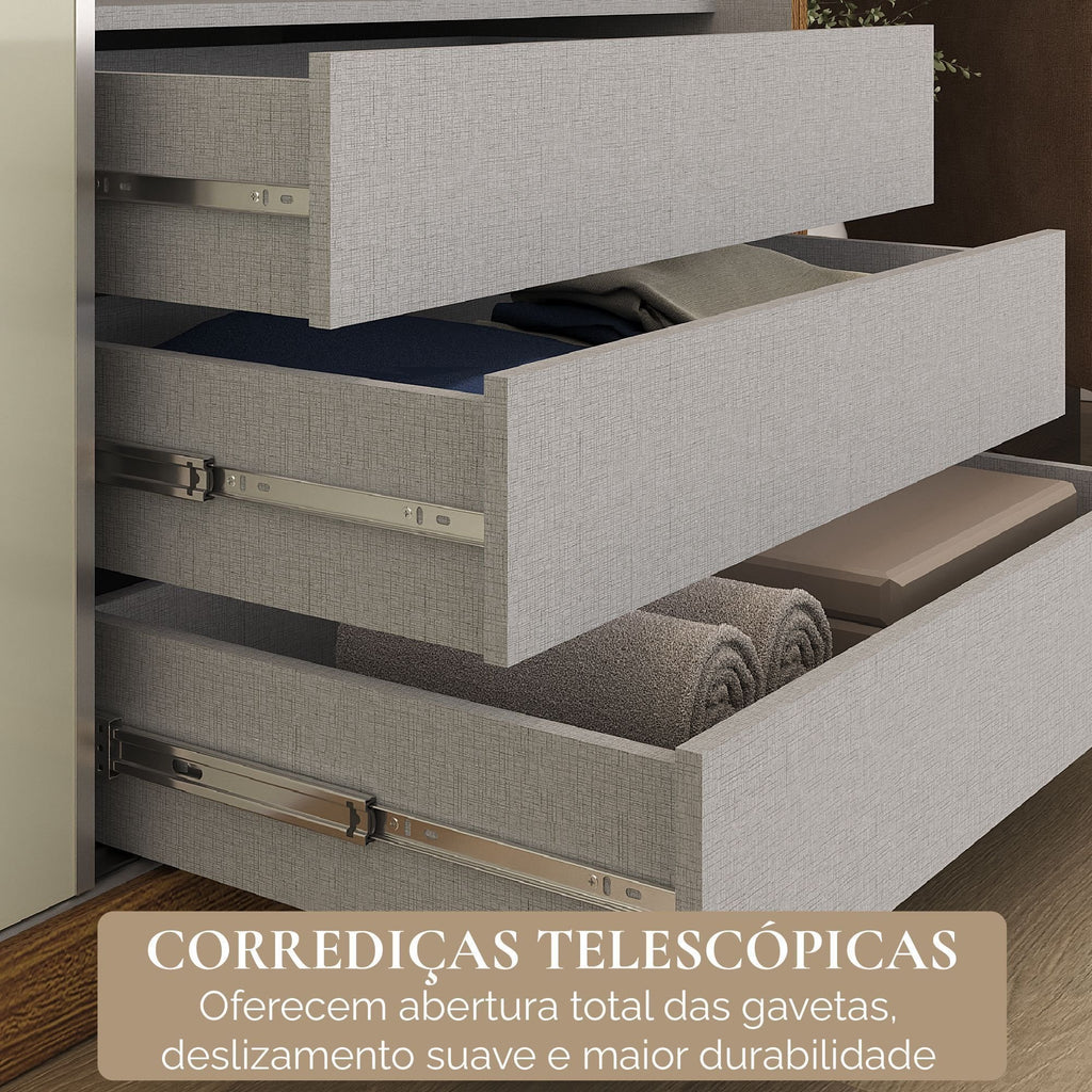 Guarda-Roupa Casal 3 Portas de Correr 6 Gavetas Spazio Yescasa 100% MDF Off White/Cinamomo