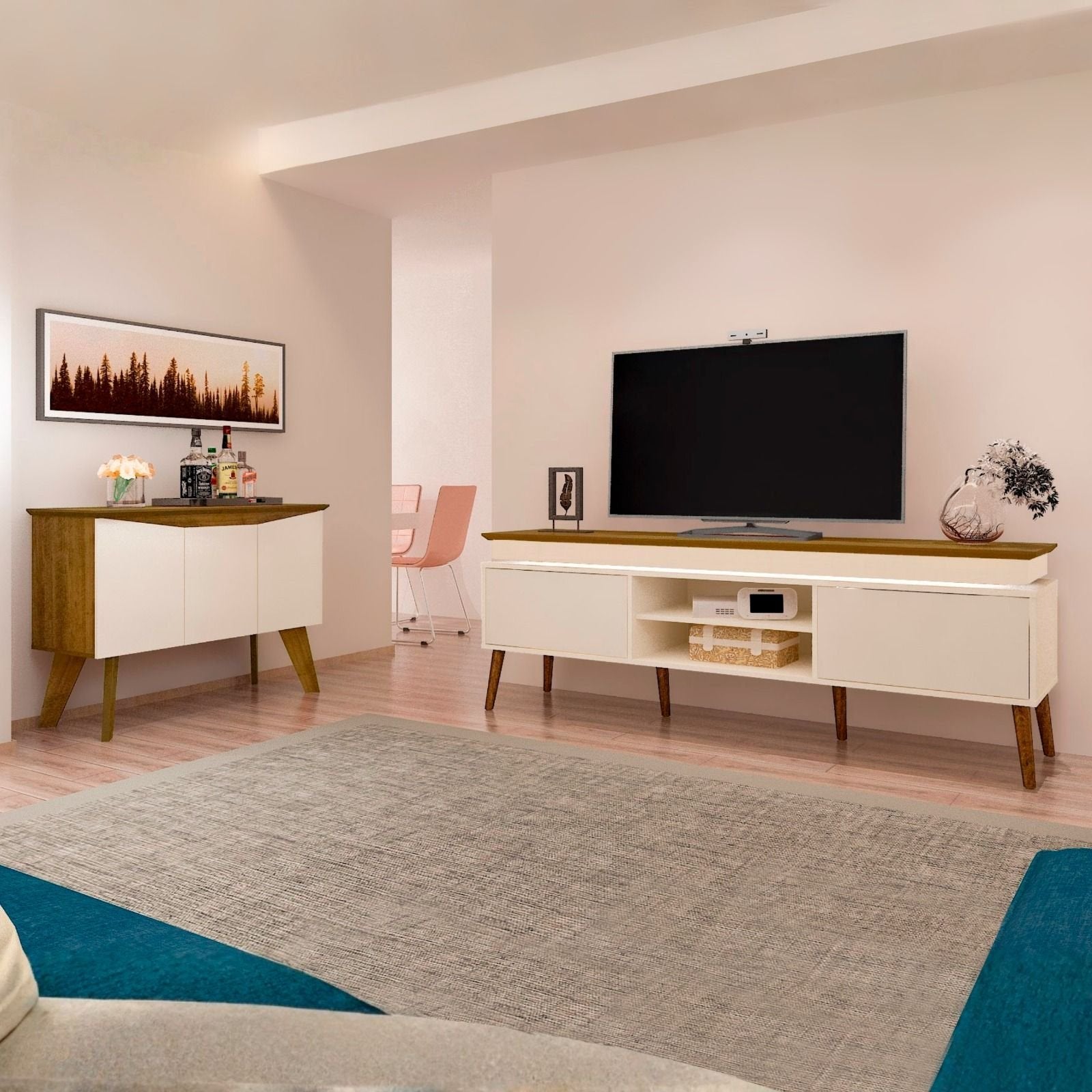 Conjunto Sala de Estar Completa Buffet Oásis e Rack Lumina Bege Off White/Cinamomo Artely