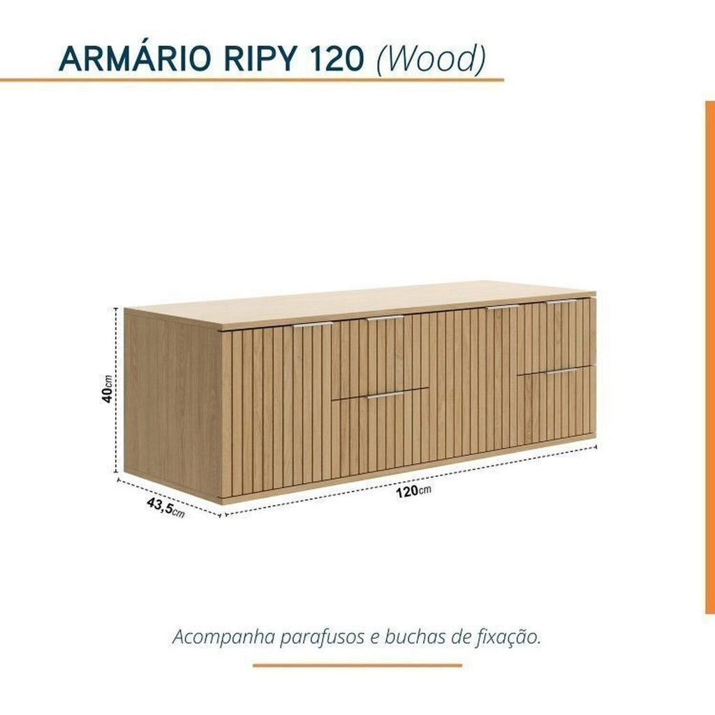 Conjunto para Banheiro Bancada Porcelanato Cuba Apoio Armário Espelho Ripy Bumi 120cm Amarelo/Wood/Travertino